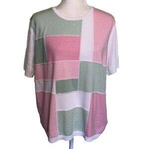 Women's Danish Pastel Patchwork Colorblock Short Sleeve Knit Sweater Top Size XL